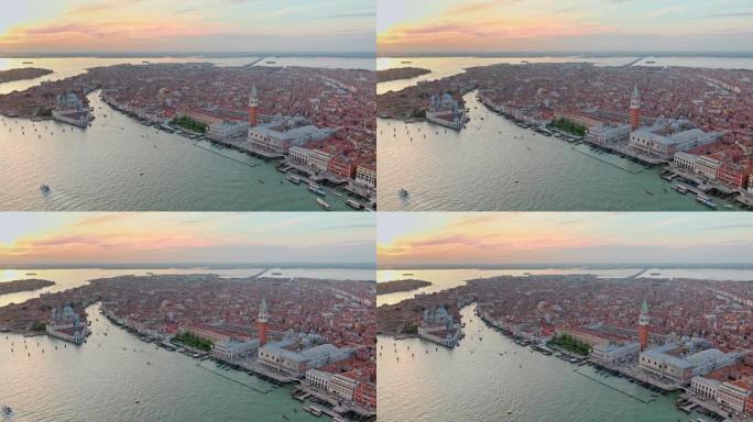 意大利日落时威尼斯城市天际线的鸟瞰图。旅游景点。