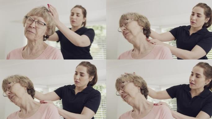 一名女理疗师训练一名老年患者的4k录像