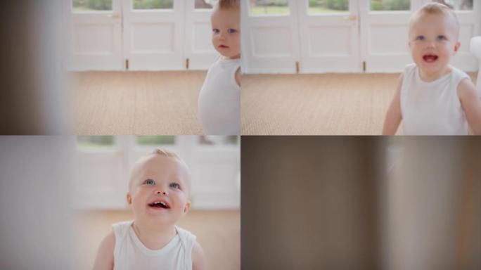 有趣的婴儿玩躲在窗帘后面快乐的幼儿玩有趣的捉迷藏游戏在家享受童年的乐趣4k