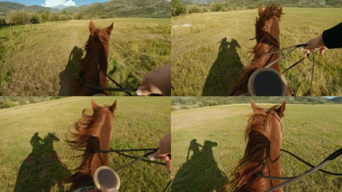 日落时骑马穿过草地的女人的视点镜头