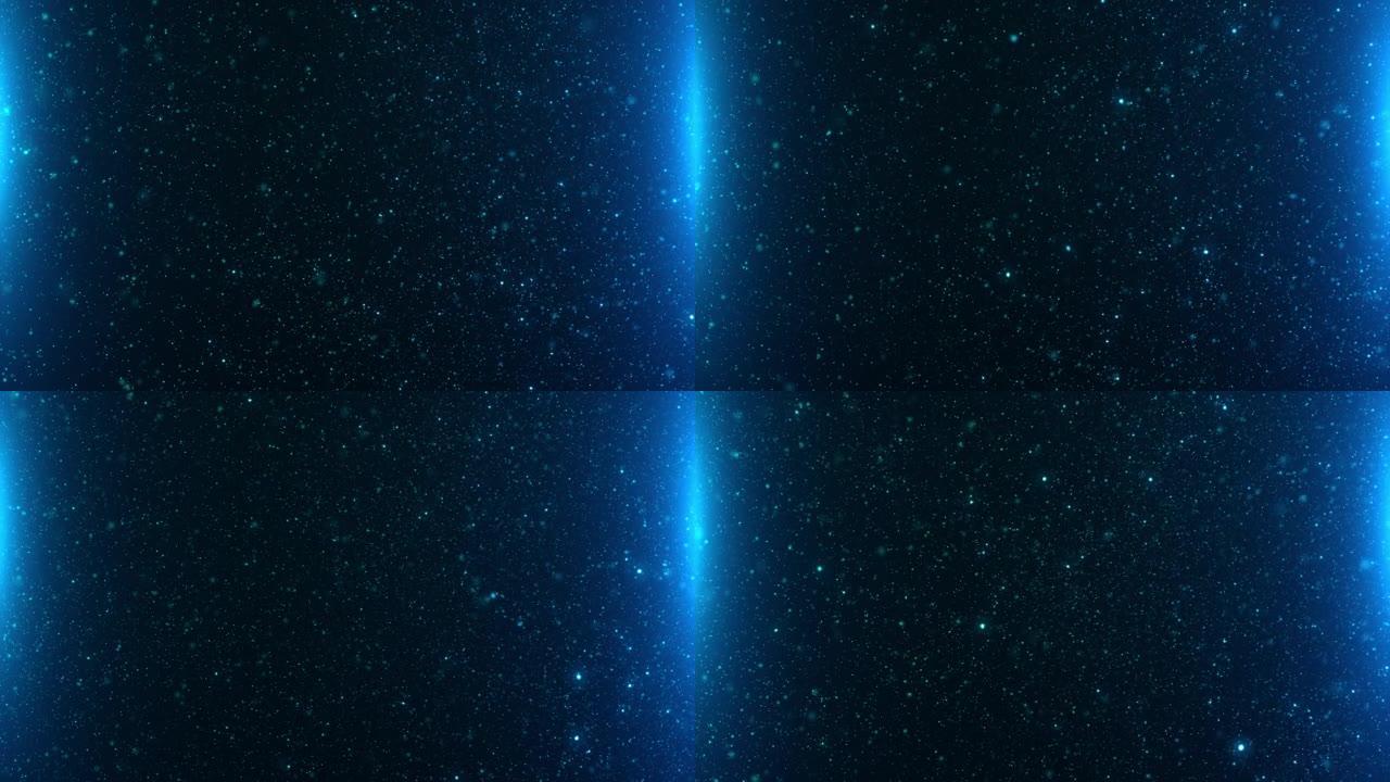 美丽的蓝色漂浮尘埃颗粒与黑色背景慢动作上的光晕无缝。动态风粒子的循环3d动画与Bokeh在空中特写。