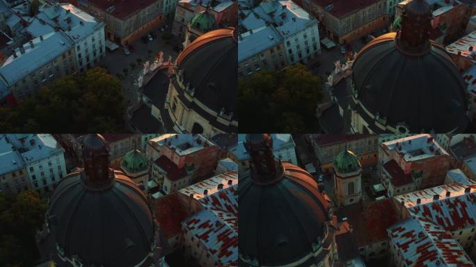 乌克兰利沃夫著名正宗多米尼加大教堂的高角度空中全景。欧洲城镇城市景观概念。