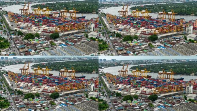 曼谷河边港口货物转运枢纽和集装箱运输的时间流逝
