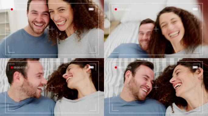 相机自拍，爱情和夫妻在卧室的床上录制视频，以备将来记忆。用于社交媒体，在线生活方式或网络帖子的数字屏