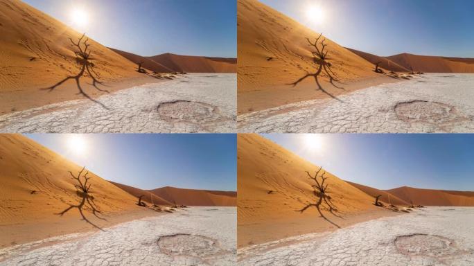 MS Time lapse sun在非洲纳米比亚的Deadvlei白色粘土锅上