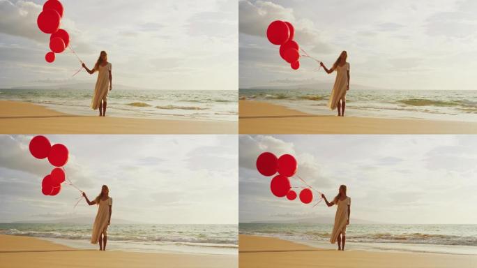 沙滩上拿着气球的女人