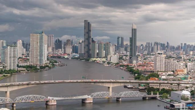 曼谷城市景观的时间流逝，各种建筑摩天大楼和桥梁