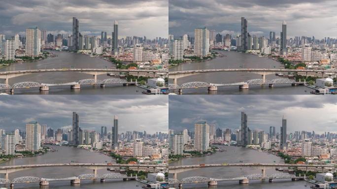 曼谷城市景观的时间流逝，各种建筑摩天大楼和桥梁