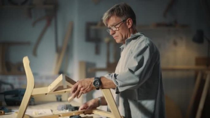 木匠戴上眼镜，看着蓝图并开始组装木椅的肖像。专业家具设计师在阁楼空间的工作室工作，墙壁上有工具。