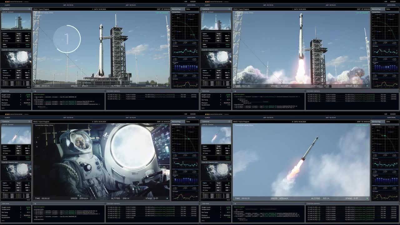 为太空探索任务成功发射火箭的计算机流。飞行飞船在起飞时会燃烧火焰和烟雾。计算机显示器和笔记本电脑屏幕