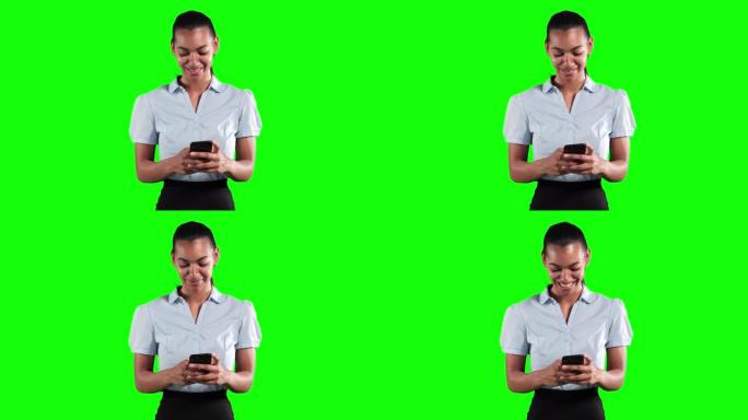 在绿色背景下使用手机制作西装混合种族妇女的动画
