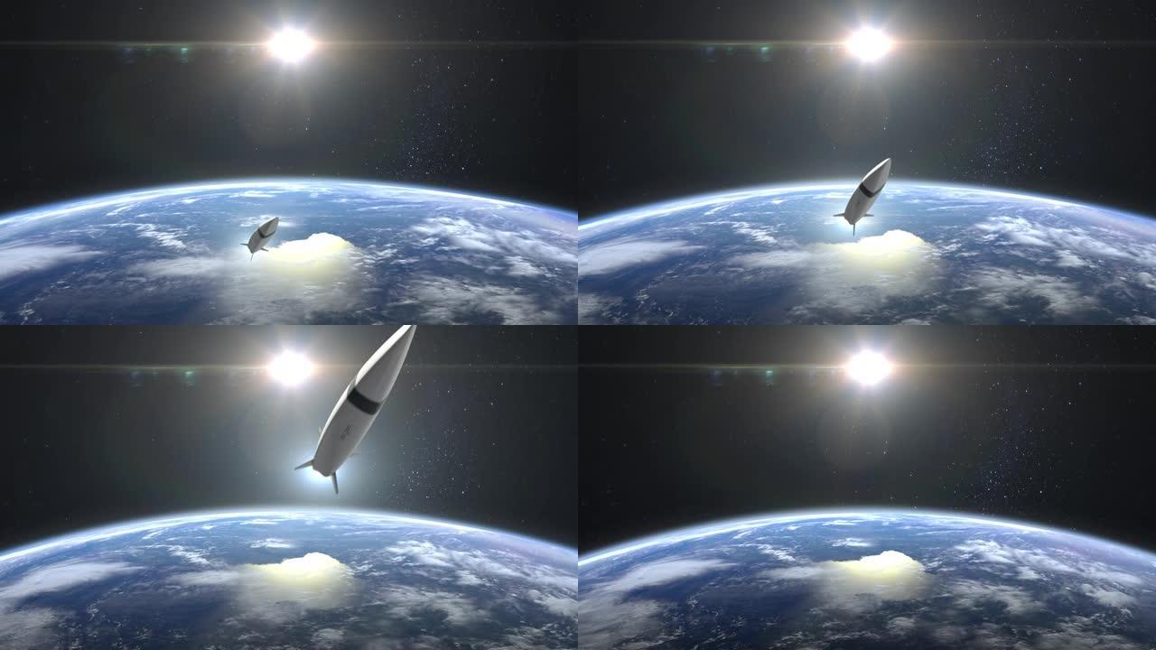 带有核弹头的高超音速导弹在地球上空起飞。从太空看。火箭飞行并旋转。高超音速武器。核战争。4K. 3D