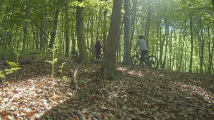 SLO MO骑自行车的人在森林里推着自行车