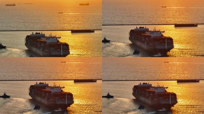 港口日落时的鸟瞰图货船