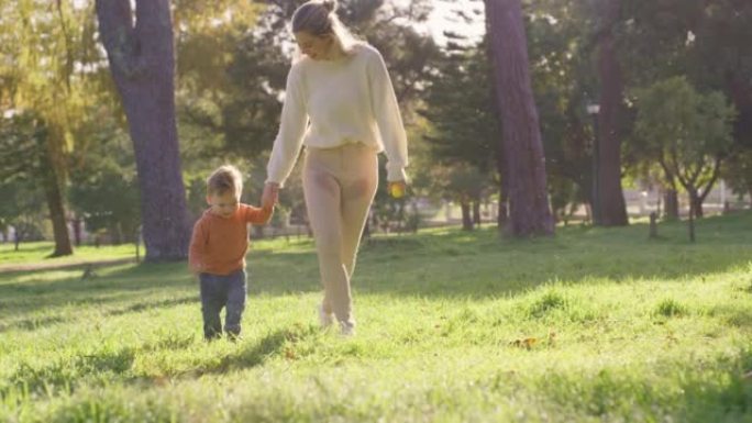 Woman, bond and child running in nature park, gard