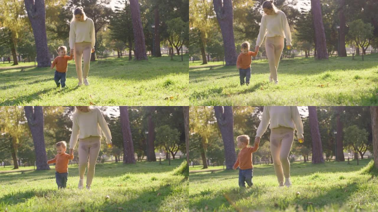 Woman, bond and child running in nature park, gard