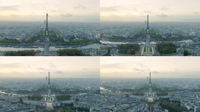 法国巴黎著名的埃菲尔铁塔鸟瞰图，清晨云雾缭绕。