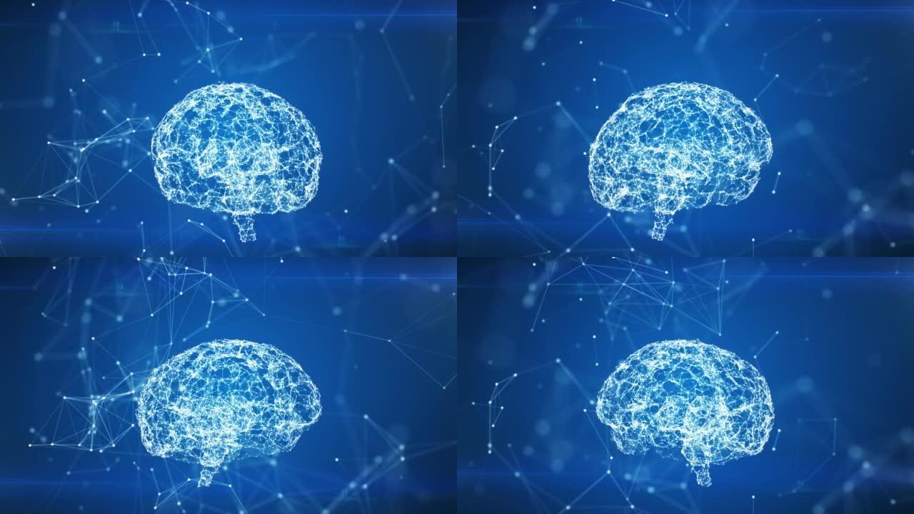 网络云三维动画中的人工智能创作。数字大脑图标从线点出现。粒子形成AI符号插图商业与技术概念
