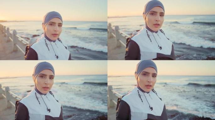 穆斯林的脸，疲惫或海滩健身休息日落海洋或迪拜海在日出健康，马拉松训练或锻炼。自然水浪的女性肖像、运动