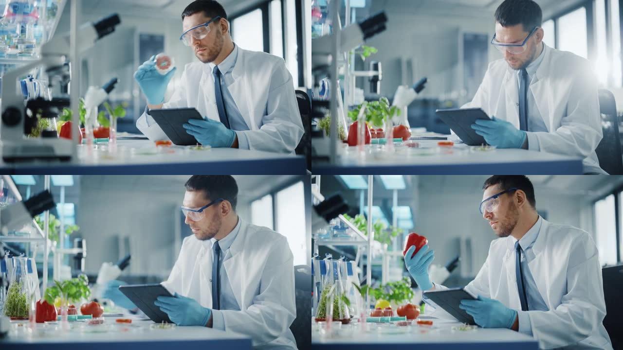 男性微生物学家用平板电脑看着实验室培养的纯素食肉样品。在现代食品科学实验室中研究植物性牛肉替代品的医