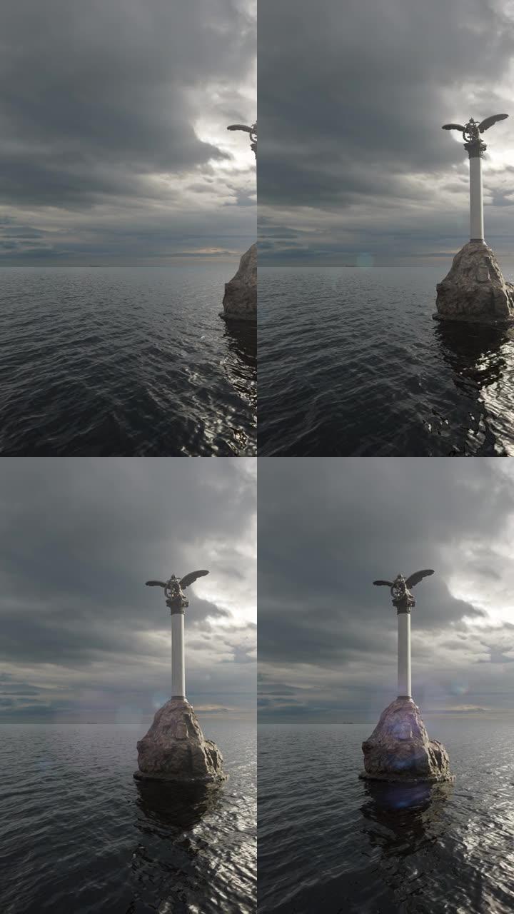 黑海美丽的海景和斯瓦托波尔太阳船的纪念碑从右侧进入