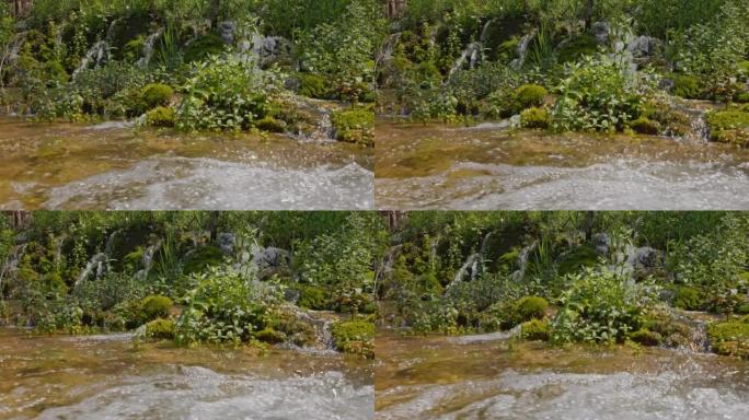 Krka国家公园的小瀑布，水从前面的河中流下，时光倒流