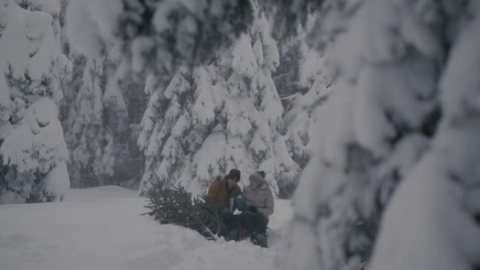 夫妇在白雪覆盖的森林里享受热饮，旁边有圣诞树