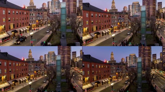 延时:鸟瞰图波士顿市政厅和公共市场在市中心的马美国黄昏
