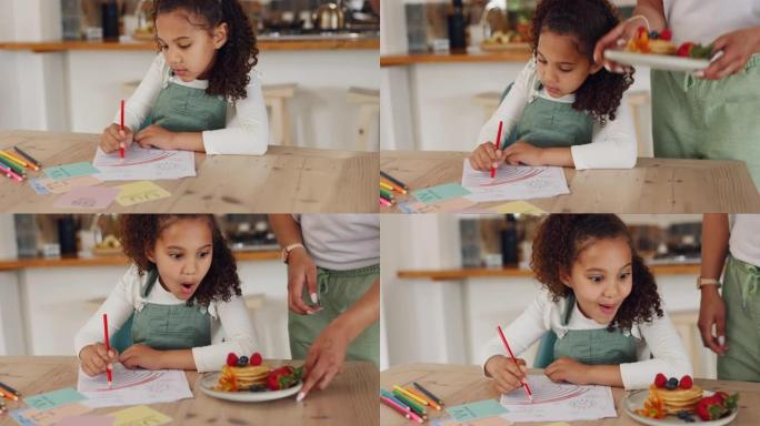 孩子，在厨房里画画和早餐煎饼，或者早上为食物，饮食和幸福而兴奋。快乐的年轻女孩，为家庭家庭的创造力和