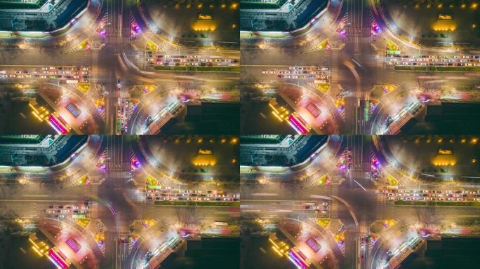 延时: 夜间城市街道交叉口的鸟瞰图