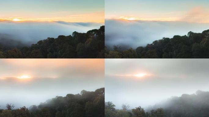 鸟瞰图日出时山上的薄雾