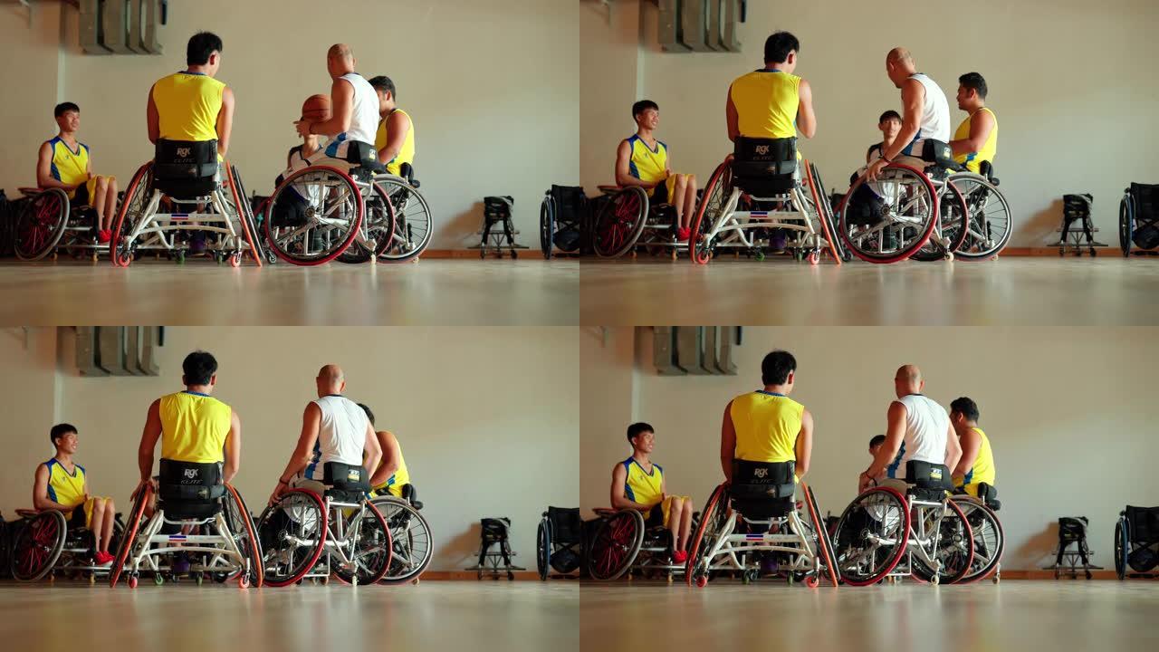 坐在轮椅上的篮球运动员。