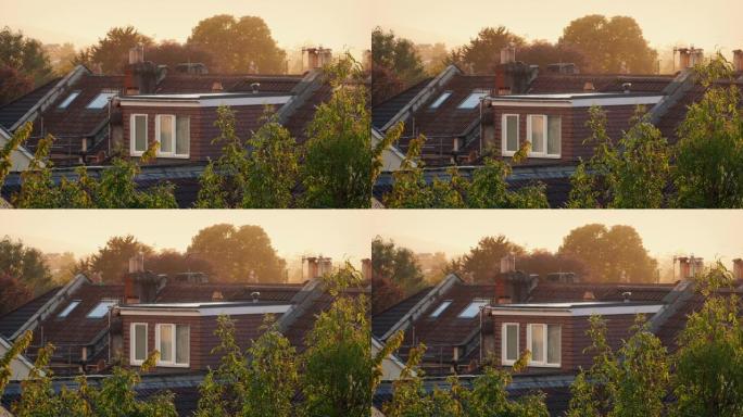 日落时典型的郊区房屋顶部