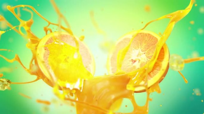 慢动作4K，用冰汁喷新鲜橙色水果