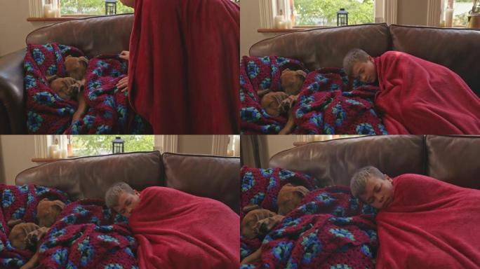 4k视频片段，一个小男孩在家中与他的脊背幼犬小睡