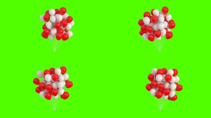 红白相间的气球在绿底风中摇曳