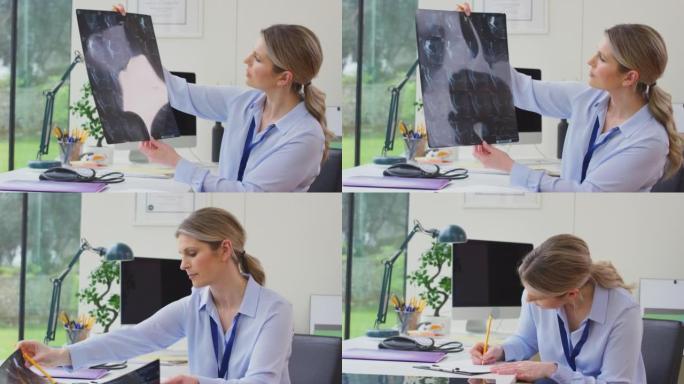 成熟的女性医生或全科医生坐在办公室的办公桌上看CT或MRI扫描-慢动作拍摄