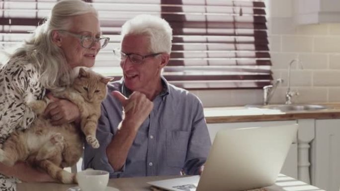 一对高级夫妇在白天在家中使用笔记本电脑进行视频聊天的4k视频片段