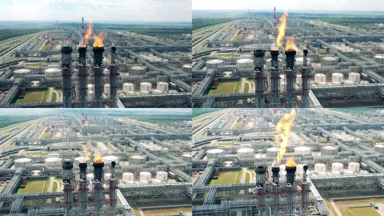 石油加工厂的火炬堆和设施