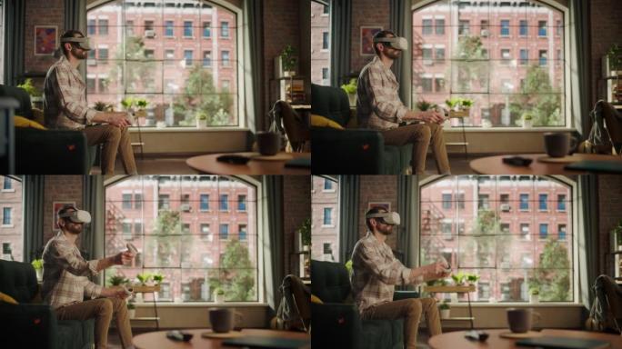 成年大胡子男性在家中使用虚拟现实耳机和控制器。有创造力的人坐在客厅的沙发上，玩VR视频游戏或使用特殊
