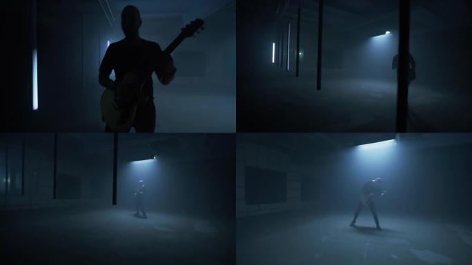 精力充沛的男性摇滚歌手在灯附近弹吉他