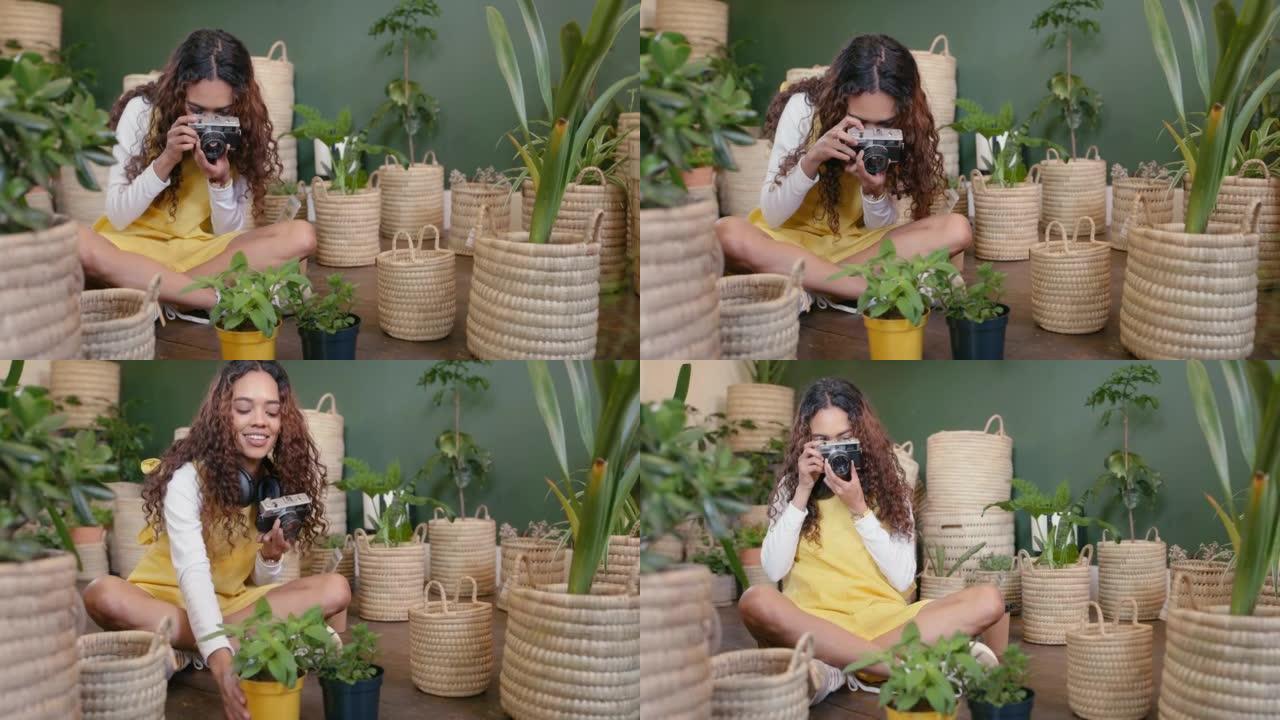 年轻的西班牙裔女花店为植物和苗圃拍照