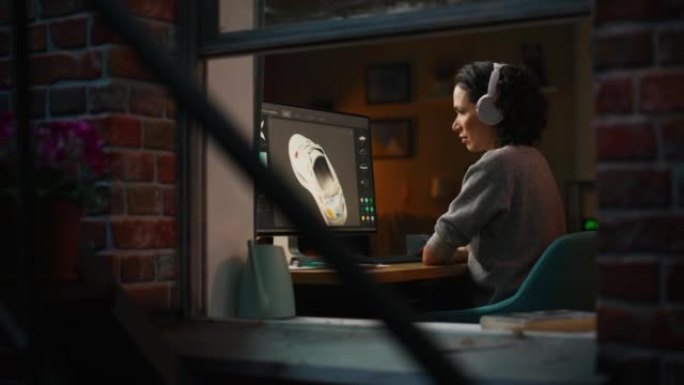 从公寓的窗外观看: 女鞋设计师在台式计算机上工作时创建和渲染鞋的3d模型。制鞋程序概念。