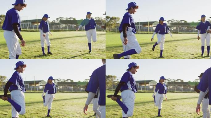 各种各样的女棒球运动员与教练，在球场上热身，站立，伸展双腿
