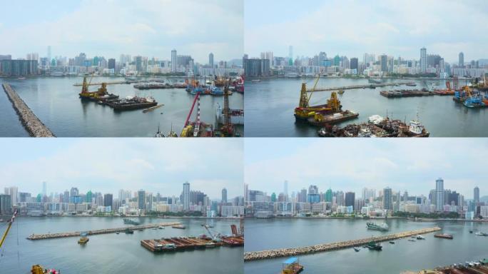 停泊在香港启德防波堤上的驳船