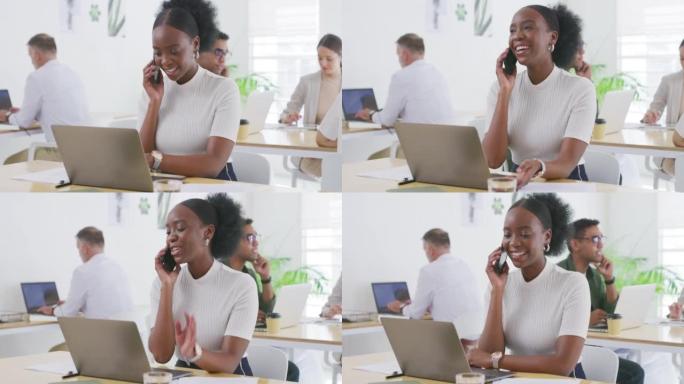 女商人通过电话通话，并与同事在办公室使用笔记本电脑。企业家在一家初创公司的办公桌上计划想法时，笑着在
