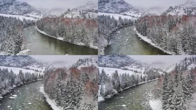 森林里下了一整夜的雪，树林变成了梦幻般的雾凇，河水仍然穿过