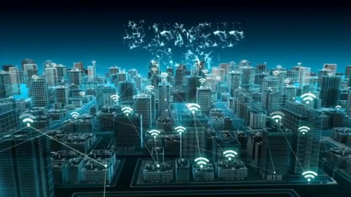 智能城市上的各种智能传感器图标，连接 “商业计划” 物联网技术。蓝色x射线鸟瞰图。4k动画。