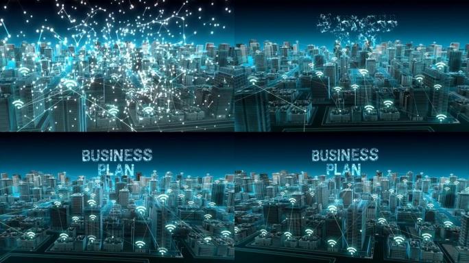 智能城市上的各种智能传感器图标，连接 “商业计划” 物联网技术。蓝色x射线鸟瞰图。4k动画。