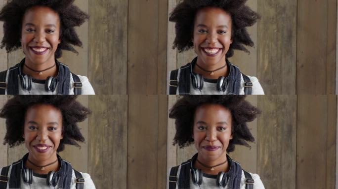 态度积极的学生快乐地微笑着。现代黑人妇女的肖像用复制空间大笑。时尚前卫的年轻非洲女性，时尚的非洲女性